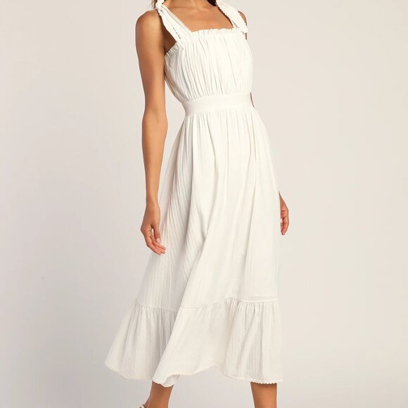 NWT Lulus Flirting in Florence White Striped Midi Dress with Tie Straps - Picture 1 of 14